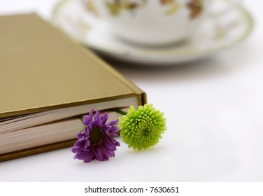 Brake In Reading Book - Closed Hard-back Book With Two Small Flowers As A Book Mark And Cup Of Tea In The Background