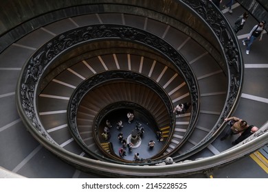 Bramante Staircase in Vatican Museum in the Vatican City on October 28, 2021.. The double helix spiral staircase is is the famous travel destination.