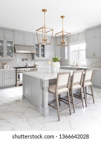 Brampton, Ontario / Canada - March 5, 2019: A Modern White Kitchen With A Traditional Touch Custom Designed By Toronto Interior Designer Jessica Mendes.