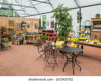 Bramsche, Osnabruck-Land, Lower Saxony, Germany - May 27, 2019: Interior View Of Igels Gartencenter Gardening Center, Exhibition Of Decoration, Garden And Gardening Articles