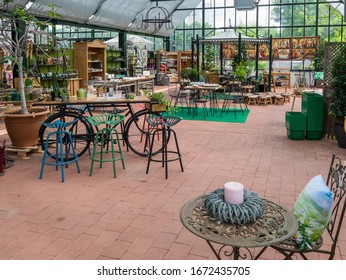 Bramsche, Osnabruck-Land, Lower Saxony, Germany - May 27, 2019: Interior View Of Igels Gartencenter Gardening Center, Exhibition Of Decoration, Garden And Gardening Articles