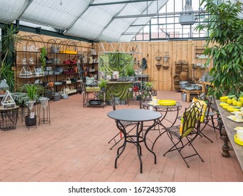 Bramsche, Osnabruck-Land, Lower Saxony, Germany - May 27, 2019: Interior View Of Igels Gartencenter Gardening Center, Exhibition Of Decoration, Garden And Gardening Articles