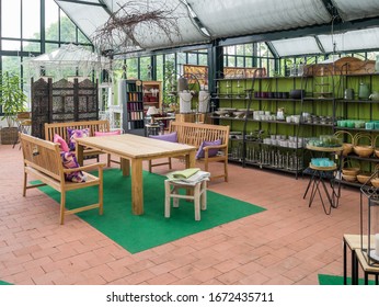 Bramsche, Osnabruck-Land, Lower Saxony, Germany - May 27, 2019: Interior View Of Igels Gartencenter Gardening Center, Exhibition Of Decoration, Garden And Gardening Articles