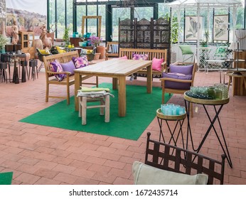 Bramsche, Osnabruck-Land, Lower Saxony, Germany - May 27, 2019: Interior View Of Igels Gartencenter Gardening Center, Exhibition Of Decoration, Garden And Gardening Articles