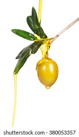 Branch with green olives.In the oil shows a heart. Isolated on white background