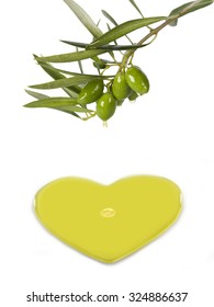 Branch of an olive tree, dripping with olive oil, which drops form a heart.