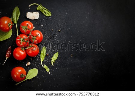 Branch ripe raw tomatoes, garlic and herbs on black background. Copy space. 