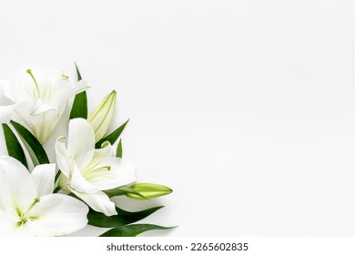 Branch of white lilies flowers. Mourning or funeral background. - Shutterstock ID 2265602835