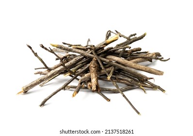 Branches pile isolated. Dry twigs pile ready for campfire, sticks, boughs heap for a fire, dry thin branches, brushwood - Shutterstock ID 2137518261