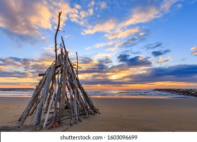Branches ready for a bonfire, on the beach by the sea, Duna Verde beach, Veneto, Italy