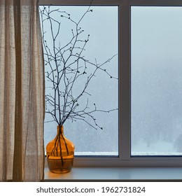 Branches Of A Tree With Blooming Leaves Stand In A Vase By The Window Against The Background Of A Snow Storm