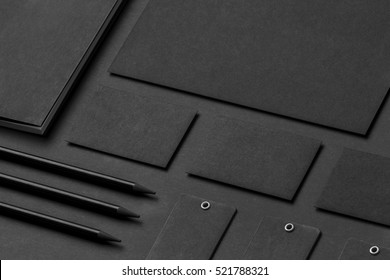 Brand Identity Mockup. Blank Corporate Stationery Set At Black Textured Paper Background.