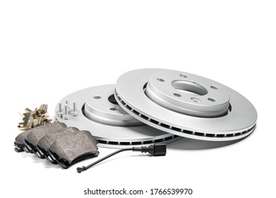 brand new brake discs and brake pad set for car. isolated on white with copy space.