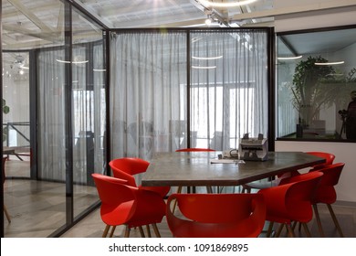 Brand new designed office interior in hi tech stile. Many steel, glass and natural wood elements, white walls and ceilings. 