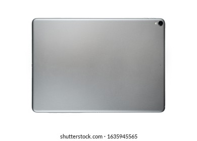 Brand New Tablet Isolated On White Background, Back Side, Camera Lens