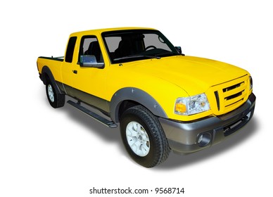 Brand New Yellow Pick-up Truck Isolated On A White Background. A Realistic Shadow Is Drawn In Under The Car.