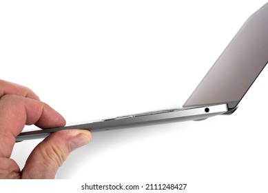 Branded Modern Slim Laptop On A White Background. Ultra Slim Notebook.