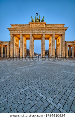 The Brandenburg Gate in Berlin at dawn with no people