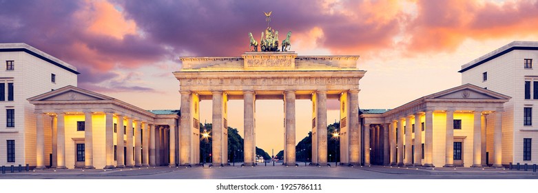 Brandenburg Gate in Berlin, Germany at sunset, focus on the gate itself