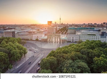 The Brandenburg Gate In Berlin At Sunrise, Germany