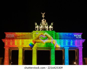 Brandenburg Gate illuminated in color from the front. Festival of Lights in Berlin. - Powered by Shutterstock