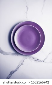 Branding, Cuisine And Culinary Concept - Purple Empty Plate On Marble Table Background, Tableware Decor For Breakfast, Lunch And Dinner For Restaurant Brand Menu Recipe, Luxury Holiday Flatlay Design