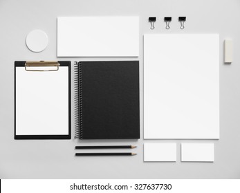 Branding Mockup. Set Of Office Stationery For Brand Presentation. Black Notepad, Blank Business Cards Ant Letterhead