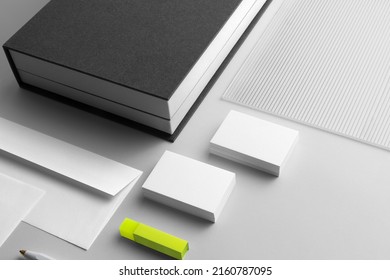 Branding Stationery Clean Mockup Template, Real Photo, Booklet, Folder, Notebook, Business Card, Envelope. Blank Isolated On White Background To Place Your Design. 