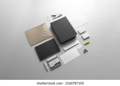 Branding Stationery Clean Mockup Template, Real Photo, Booklet, Folder, Notebook, Business Card, Envelope. Blank Isolated On White Background To Place Your Design. 