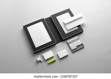 Branding Stationery Clean Mockup Template, Real Photo, Booklet, Folder, Notebook, Business Card, Envelope. Blank Isolated On White Background To Place Your Design. 