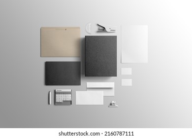 Branding Stationery Clean Mockup Template, Real Photo, Booklet, Folder, Notebook, Business Card, Envelope. Blank Isolated On White Background To Place Your Design. 