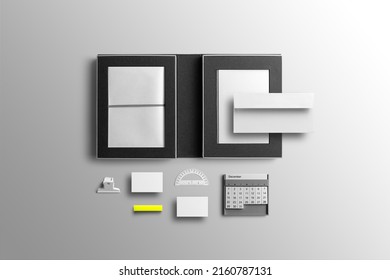 Branding Stationery Clean Mockup Template, Real Photo, Booklet, Folder, Notebook, Business Card, Envelope. Blank Isolated On White Background To Place Your Design. 