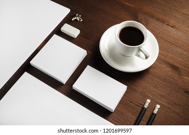 Branding Stationery Mockup On Wood Table Background. Blank Objects For Placing Your Design.