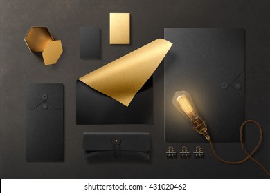 Branding stationery mockup scene, blank objects for placing your design. Premium black items with gold foil effect.
