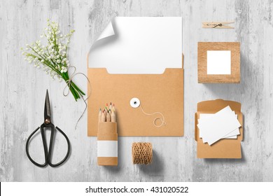 Branding stationery mockup scene, blank objects for placing your design. Hand made items for wedding invitations.