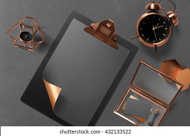 Branding stationery mockup scene, blank objects for placing your design. Corporate modern items set with gray and copper elements