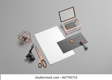 Branding stationery mockup scene, blank objects for placing your design. Corporate modern items set with gray and copper elements.