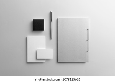 Branding Stationery Mockup Template, Minimalistic And Clean, Real Photo, Letterhead, Folder, Brochure, Business Card, Envelope. Blank Isolated On White Background To Place Your Design. 