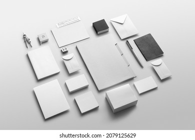 Branding stationery mockup template, minimalistic and clean, real photo, letterhead, folder, brochure, business card, envelope. Blank isolated on white background to place your design.  - Shutterstock ID 2079125629