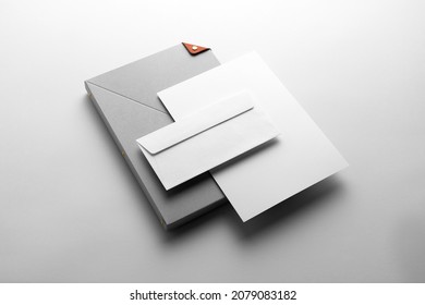 Branding Stationery Mockup Template, Real Photo, Letterhead, Folder, Brochure, Business Card, Envelope. Blank Isolated On White Background To Place Your Design. 