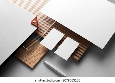 Branding Stationery Mockup Template, With Reeded Glass And Wooden Elements, Real Photo, Letterhead, Folder, Brochure, Business Card, Envelope. Blank Isolated On White Background To Place Your Design. 