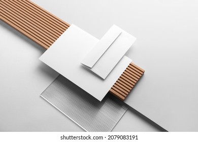 Branding Stationery Mockup Template, With Reeded Glass And Wooden Elements, Real Photo, Letterhead, Folder, Brochure, Business Card, Envelope. Blank Isolated On White Background To Place Your Design. 