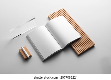 Branding Stationery Mockup Template, With Reeded Glass And Wooden Elements, Real Photo, Brochure, Booklet, Notebook, Business Card, Envelope. Blank Isolated On A White Background To Place Your Design.