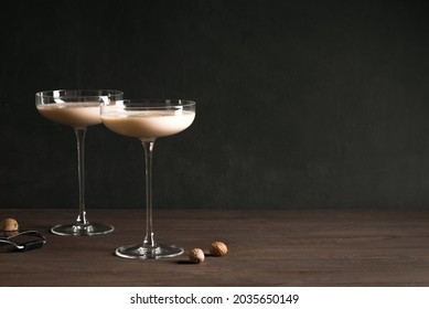 Brandy Alexander Cocktail with nutmeg, copy space. Boozy holiday cocktail drink recipe - brandy alexander.