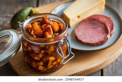 Branston Pickle: A chunky, tangy condiment made from diced vegetables in a spiced, sweet vinegar sauce, often served with cheese or cold meats. - Powered by Shutterstock