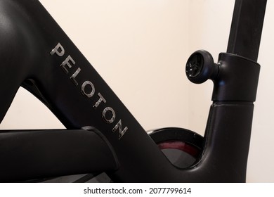 BRANT, CANADA - November 2, 2021: A Chrome Peloton Text Logo On The Main Body Of The Newest Peloton Bike+, A Popular Home Exercise Bike.