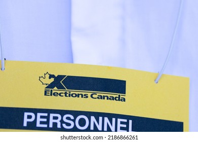 Brant, ON, Canada - August 5, 2022: The Election Canada Logo Is Seen Closeup On The Personnel Badge Of A Poll Worker At Elections Canada.