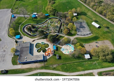 BRANTFORD, ONTARIO, CANADA- MAY 2, 2021: An Aerial Of Waterpark In Brantford, Ontario, Canada