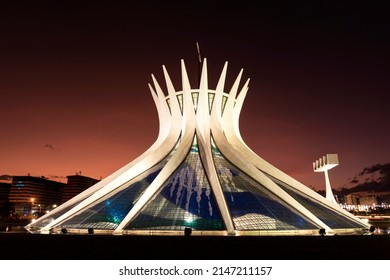 Brasília, Brasil - 17 April 2022:Night View Of The Metropolitan Cathedral Of Brasilia.