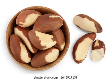 Brasil Nuts In Wooden Bowl Isolated On White Background With Clipping Path And Full Depth Of Field. Top View. Flat Lay